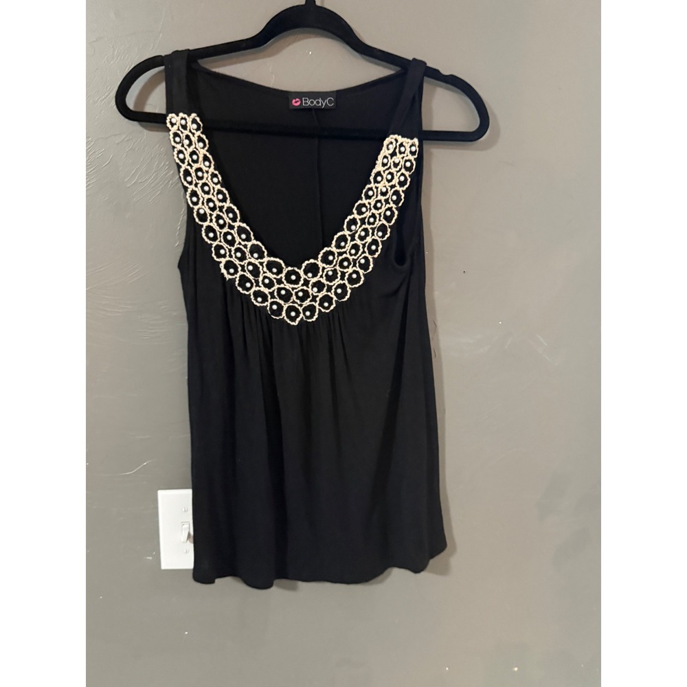 BodyC Y2k‎ Black Sleeveless Tank Top Beaded Crochet V-Neck Embellished L